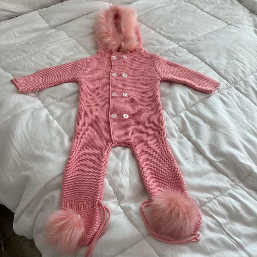 Hand knitted hooded onesie with footies